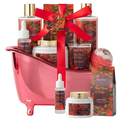 Mother's Day Bath Spa Gift Set Red Rose & Tulip Spa Basket Kits for Women and Men, Contains Essential Oil, Bubble Bath, Body Lotion, Bath Salt, Soy Candle, self care baskets for women gift