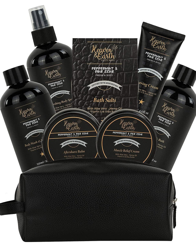 Christmas Gift Basket for Men Holiday Spa Basket! Best Grooming Kit for Husband & Dad! Mens Spa Set Peppermint Mens Spa Basket