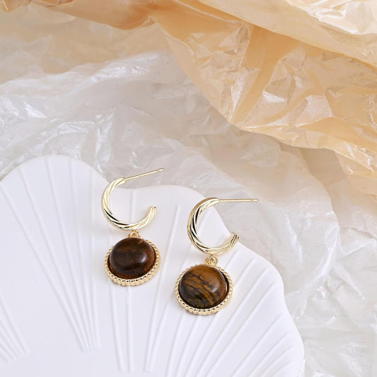 Tiger Eye Gemstone Earrings 14k Gold Plated Dangle Drop Earrings Gold Hoop Stud Earrings for Women Fashion Jewelry