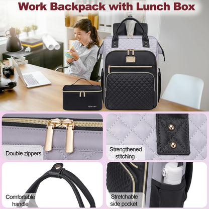 Lunch Backpack for Women, 15.6 inch Laptop Backpack for Women, Work Backpack with Lunchbox, Insulated Backpack Cooler, Teacher Nurse Travel Backpack for Women