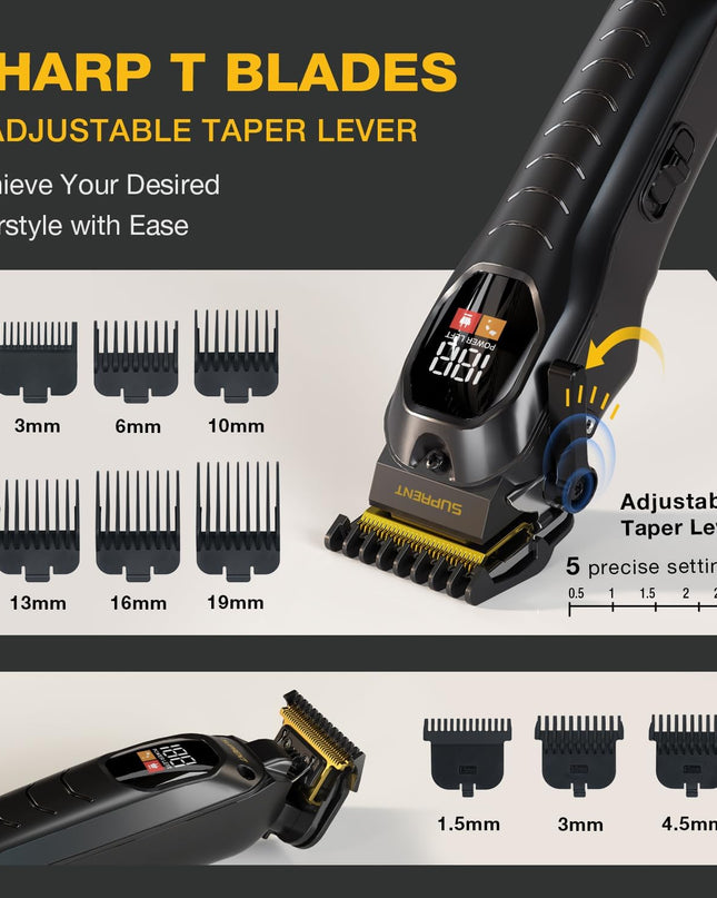 SUPRENT Cordless Hair Clippers for Men - Professional Hair Clipper & Trimmer Set, Wireless Hair Cutting Kit for Family, Rechargeable Cordless Hair & Beard Trimming Set for Men with LED Display (Black)