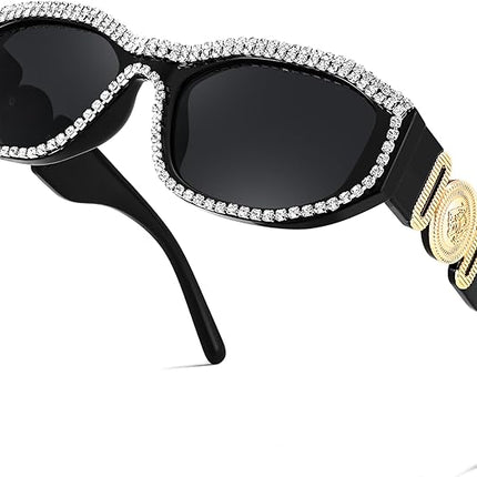 FEISEDY Rectangle Rhinestone Sunglasses for Women Men Bling Jeweled Retro Square Sunglasses 90s Vintage Shades B0091