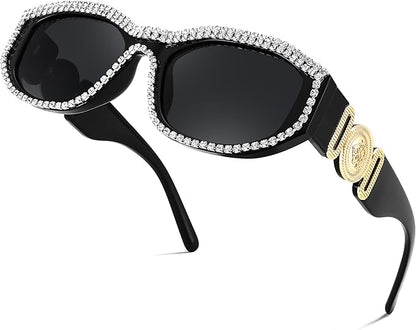 FEISEDY Rectangle Rhinestone Sunglasses for Women Men Bling Jeweled Retro Square Sunglasses 90s Vintage Shades B0091