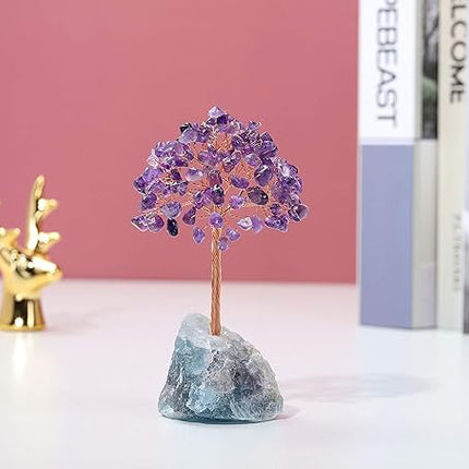 CrystalTears Amethyst Crystal Tree Natural Healing Crystals Gemstone Money Trees with Fluorite Crystals Stone Base Feng Shui