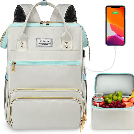 ETRONIK Lunch Backpack, 15.6 Inch Laptop Backpack with USB Port, Stylish Nurse, Teacher Work Bag with Insulated Cooler Lunch Box for Women /Travel, Grey Blue