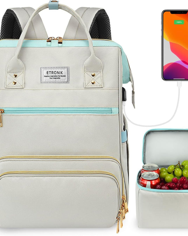 ETRONIK Lunch Backpack, 15.6 Inch Laptop Backpack with USB Port, Stylish Nurse, Teacher Work Bag with Insulated Cooler Lunch Box for Women /Travel, Grey Blue