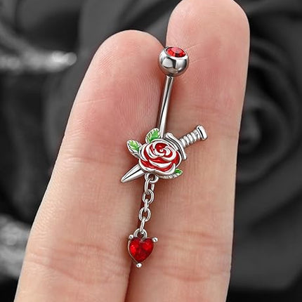 Jewseen 14g Halloween Belly Button Rings Surgical Stainless Steel Belly Rings Heart Floral Dangle Belly Button Piercing Navel Rings for Women Men