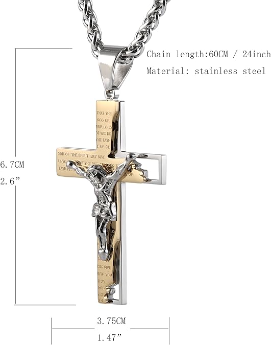 HZMAN Men's Stainless Steel Cross Crucifix Bible Prayer Pendant Necklace 22+2" Chain