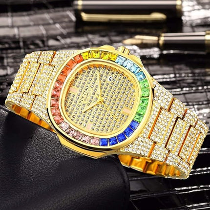 Luxury Bling-ed Out Colorful Full Diamond Watches Fashion Quartz Analog Stainless Steel Band Bracelet Wrist Watch