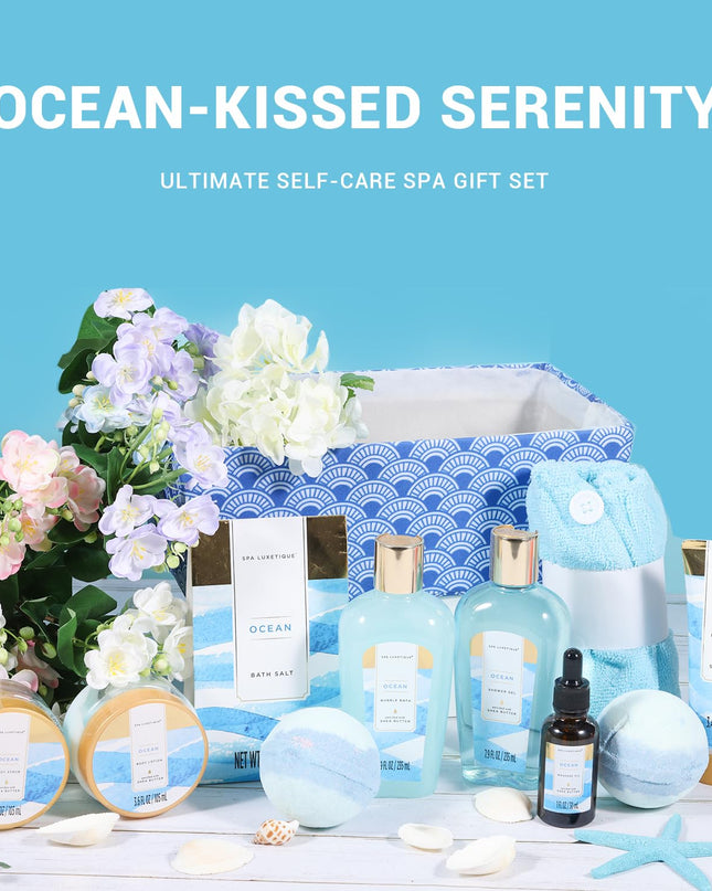 Spa Gift Basket for Women, Spa Luxetique Bath Gift Set - 12 Pcs Ocean Scented Home Bath Kit, Includes Bath Bombs, Body Scrub, Bubble Bath, Body Lotion & More, Spa Set for Women Gift