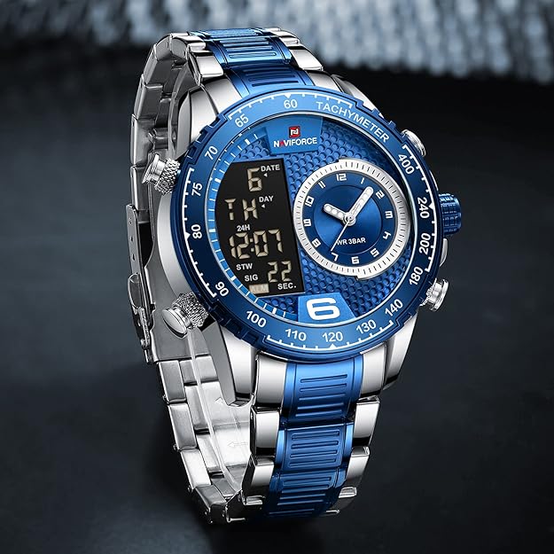 NAVIFORCE Men's Multifunction Waterproof Sport Analog Digital Quartz Watch with Chronograph Dual Time Alarm SIG Snooze Function