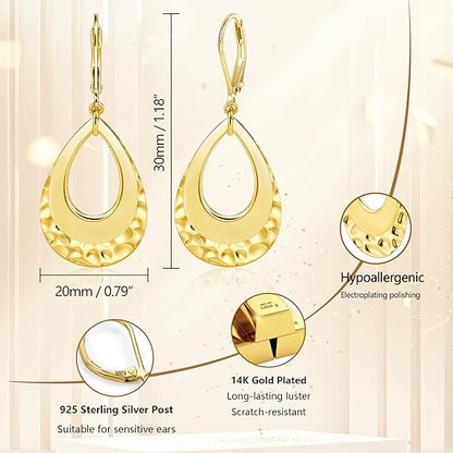 ALEXCRAFT 925 Sterling Silver Teardrop Dangle Earrings for Women Hammered Layer Drop Dangle Earrings Jewelry Hypoallergenic Boho Teardrop Leverback Dangle Earings for Jewelry Gifts