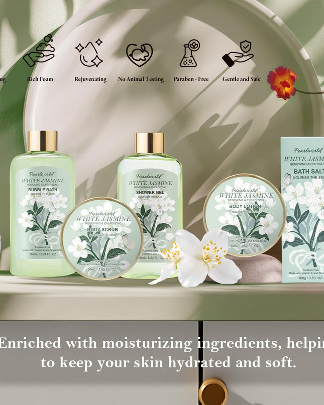 Bath Gift Baskets for Women, 9pc Jasmine Spa Gifts Set for Women, Self Care & Body Relaxing, Birthday Gift Basket, Mother's Day Gifts, Christmas, Anniversary Bath Gift Set
