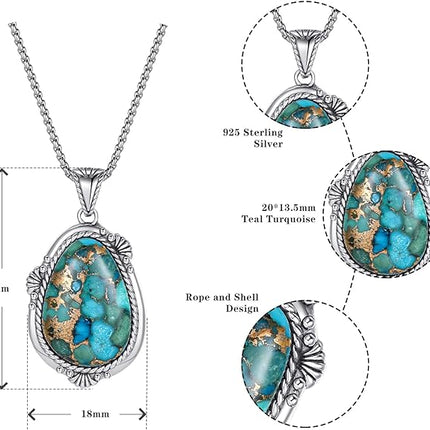 Phyonio Turquoise Necklace for Women 925 Sterling Silver Teal/Spiny Turquoise Pendant Necklaces with Rope Edge and Stainless Steel Box Chain Valentine Day Gifts for Wife