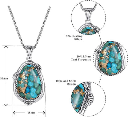 Phyonio Turquoise Necklace for Women 925 Sterling Silver Teal/Spiny Turquoise Pendant Necklaces with Rope Edge and Stainless Steel Box Chain Valentine Day Gifts for Wife