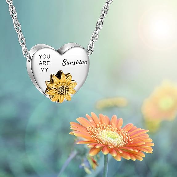 XIUDA Heart Ashes Necklace Urn Necklace with Sunflower You Are My Sunshine Cremation Necklace for Ashes Cremation Jewelry for Human Ashe Memorial Necklace with Flower