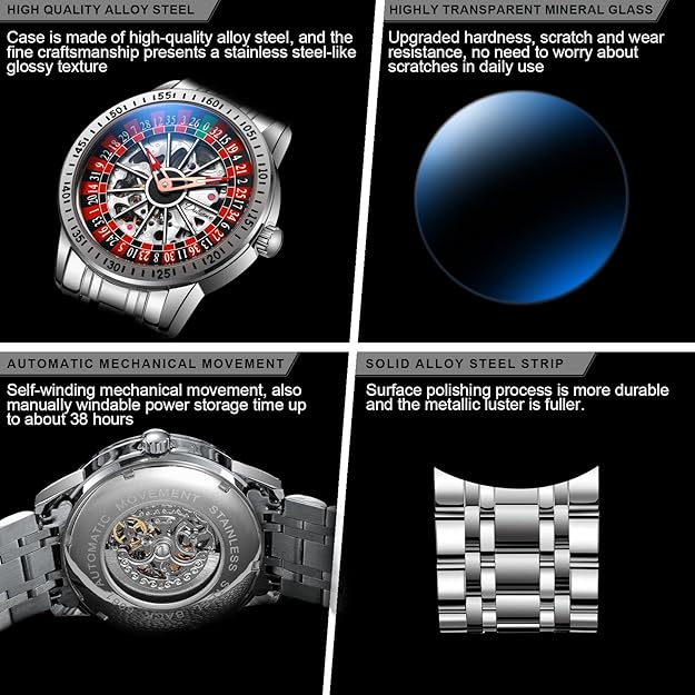 Men's Watch Automatic Hollow Mechanical Roulette Wheel Design 30M Waterproof Casual Fashion Wristwatches for Men