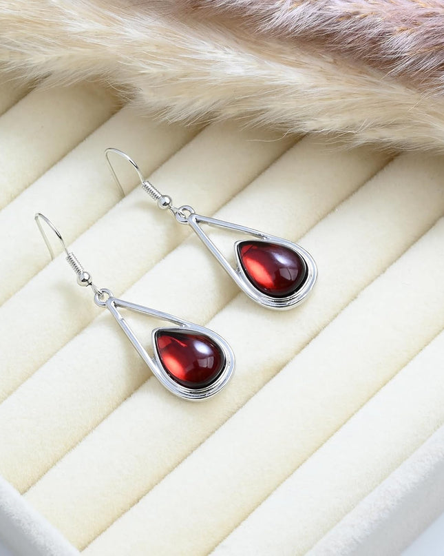 Ruby Gemstone Drop Dangle Earrings Red Teardrop Earrings with Silver Hook Crystal Earrings Birthstone Earrings for Women Trendy