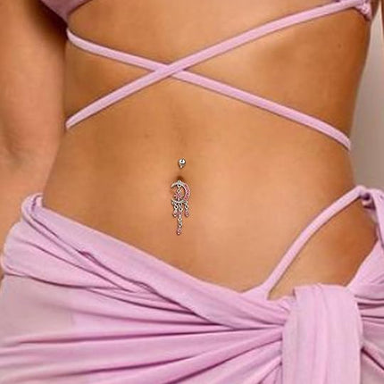 COCHARM Moon Dangle Belly Button Rings for Women 14g Belly Rings Dangling Cute Nave Rings Boho Belly Navel Piercing Jewelry