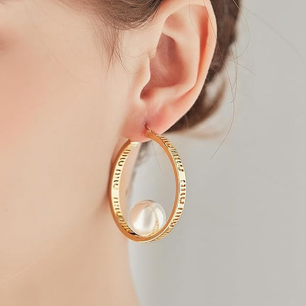 Pearl Hoop Earrings for Women - Large Gold Hoops Circle Pearl Hoop Earrings Trendy Hypoallergenic 14k Gold 925 Sterling Silver Posts Earrings | Elegant Wedding Party Jewelry