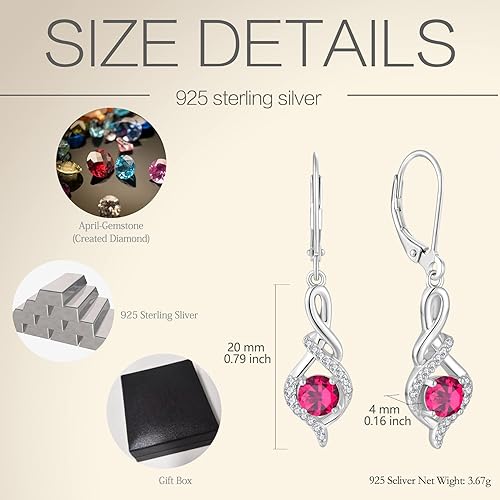 Sterling Silver Leverback Earrings for Women - Guesma 925 Infinity Dangle Drop Earrings Round Birthstone Earrings - Jewelry Gifts for Her
