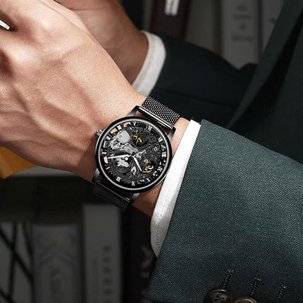 Men's Skeleton Mechanical Roman Numeral Mesh Strap Watch, Hand Winding Mechanical Mesh Luminous Waterproof Watch for Men