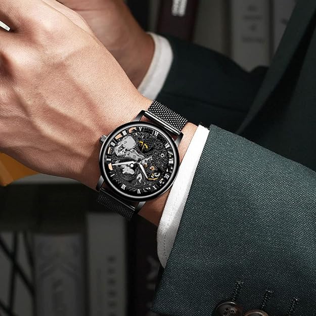 Men's Skeleton Mechanical Roman Numeral Mesh Strap Watch, Hand Winding Mechanical Mesh Luminous Waterproof Watch for Men