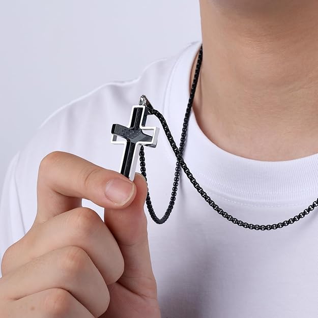 Saintda American Flag Cross Pendant Stainless Steel Box Chain Necklace USA Patriotic Baptism Religious Beliefs Bible Verse Jewelry Men Teen Boys Gifts