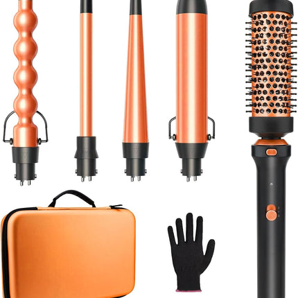 GSKY 5 in 1 Hair Curling Irons, Curling Iron Wand 5Pcs 0.5 to 1.25 Inch with Thermal Brush, Interchangeable Ceramic Barrel with Case Heat Protective Glove 2 Clips, Dual Voltage Hair Curler