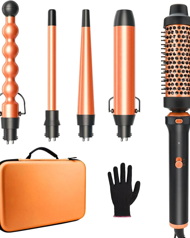 GSKY 5 in 1 Hair Curling Irons, Curling Iron Wand 5Pcs 0.5 to 1.25 Inch with Thermal Brush, Interchangeable Ceramic Barrel with Case Heat Protective Glove 2 Clips, Dual Voltage Hair Curler