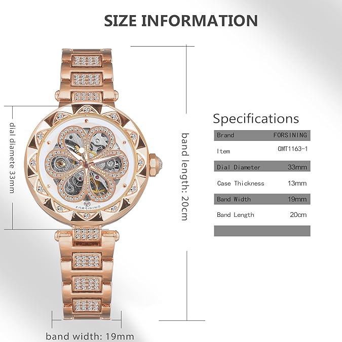 FORSINING Women Automatic Mechanical Watches Skeleton Steampunk Watch with Diamond and Carving Flower Craft Cold Watch for Women Minimalist Retro Design Mechanical Skeleton Wrist Watch Transparent