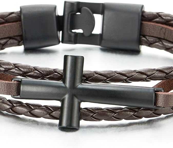 COOLSTEELANDBEYOND Black Horizontal Sideway Lateral Cross Brown Braided Leather Bangle Bracelet for Men Women Wristband