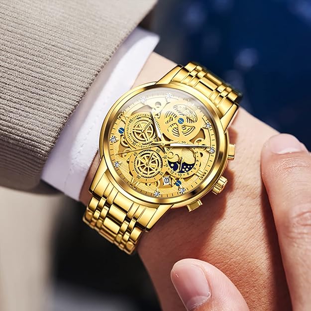 OLEVS Skeleton Watch Men Luxury Analog Mens Watches Large Face Waterproof Dress Watches for Men Diamond Chronograph Stainless Steel Men's Wrist Watch Reloj para Hombre Gold