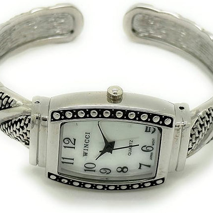 Ladies Rectangle Case with Small Studs Metal Bangle Cuff Fashion Analog Quartz Watch Mother of Pearl Dial Easy to Read Black Numbers Black Hour Minute Second Hands