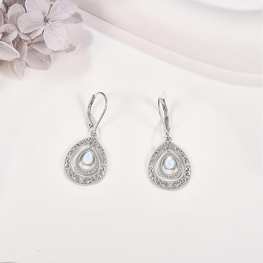 Opal Earrings 925 Sterling Silver Filigree Leverback Dangle Drop Bohemian Opal Jewelry Gifts for Women Girls