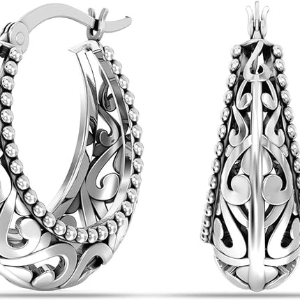 925 Sterling Silver Jewelry Filigree Cut Click-Top Hoop Earrings for Women and Teen