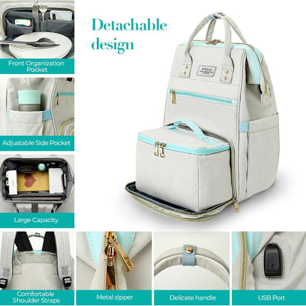 ETRONIK Lunch Backpack, 15.6 Inch Laptop Backpack with USB Port, Stylish Nurse, Teacher Work Bag with Insulated Cooler Lunch Box for Women /Travel, Grey Blue