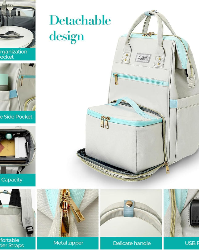 ETRONIK Lunch Backpack, 15.6 Inch Laptop Backpack with USB Port, Stylish Nurse, Teacher Work Bag with Insulated Cooler Lunch Box for Women /Travel, Grey Blue