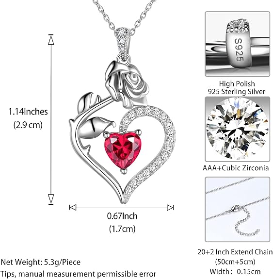 Jewmon Heart Rose Birthstone Necklace for Women 925 Sterling Silver Rose Flower Heart Birthstone Pendant Necklace Rose Necklace Birthstone Jewelry for Birthday Draduation Christmas Gift for Women Girl