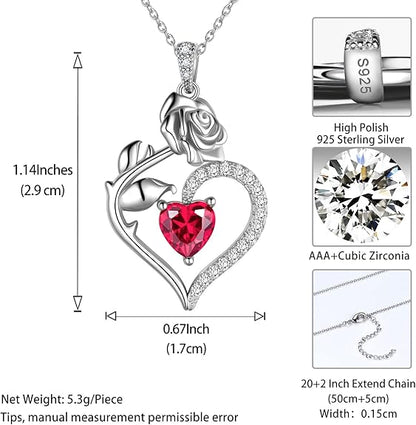 Jewmon Heart Rose Birthstone Necklace for Women 925 Sterling Silver Rose Flower Heart Birthstone Pendant Necklace Rose Necklace Birthstone Jewelry for Birthday Draduation Christmas Gift for Women Girl