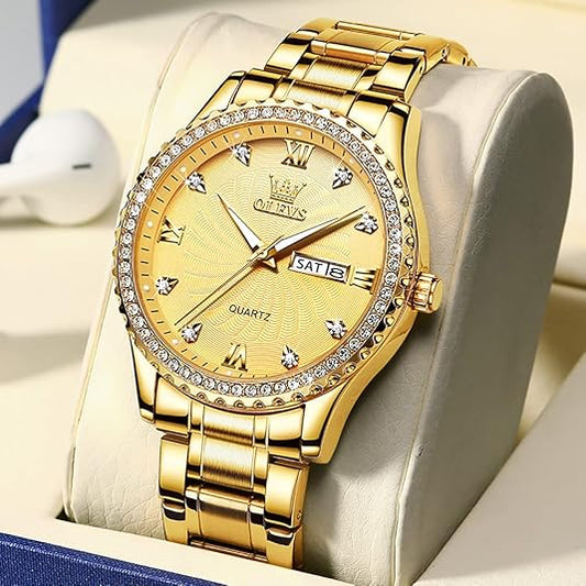 Men's Casual Stainless Steel Watch, Big Face Easy to Read Analog Quartz Watch with Day and Date, Classic Waterproof Diamond Roman Arabic Numerals Dial Dress Watch for Men, Gold Silver Black Band