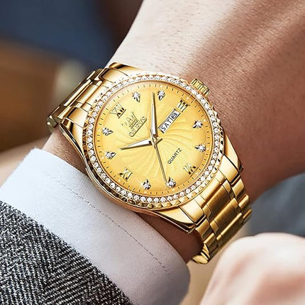 Men's Casual Stainless Steel Watch, Big Face Easy to Read Analog Quartz Watch with Day and Date, Classic Waterproof Diamond Roman Arabic Numerals Dial Dress Watch for Men, Gold Silver Black Band