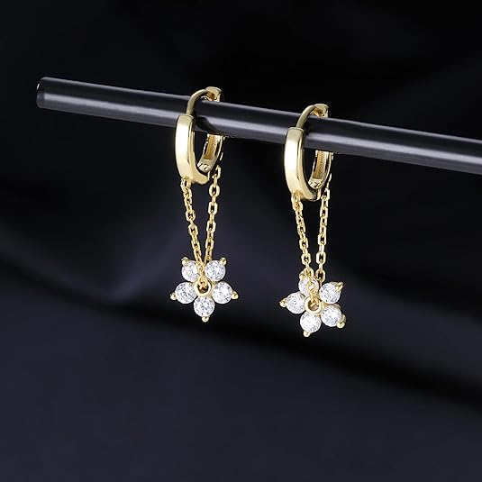 Reffeer Solid 925 Sterling Silver Flower Chain Drop Earrings Hoop for Women Teen Girls Huggie Hoop Dangle Earrings Chain