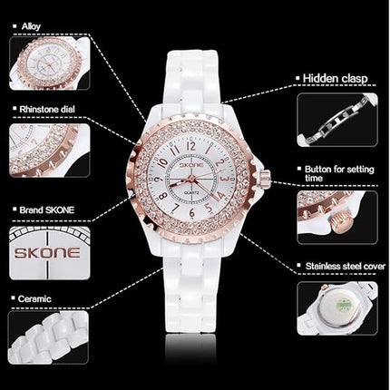 Gosasa Womens Luxury Wrist Watch Fashion Rhinestone White Ceramic Watch Casual Lady Nice Dress Watches