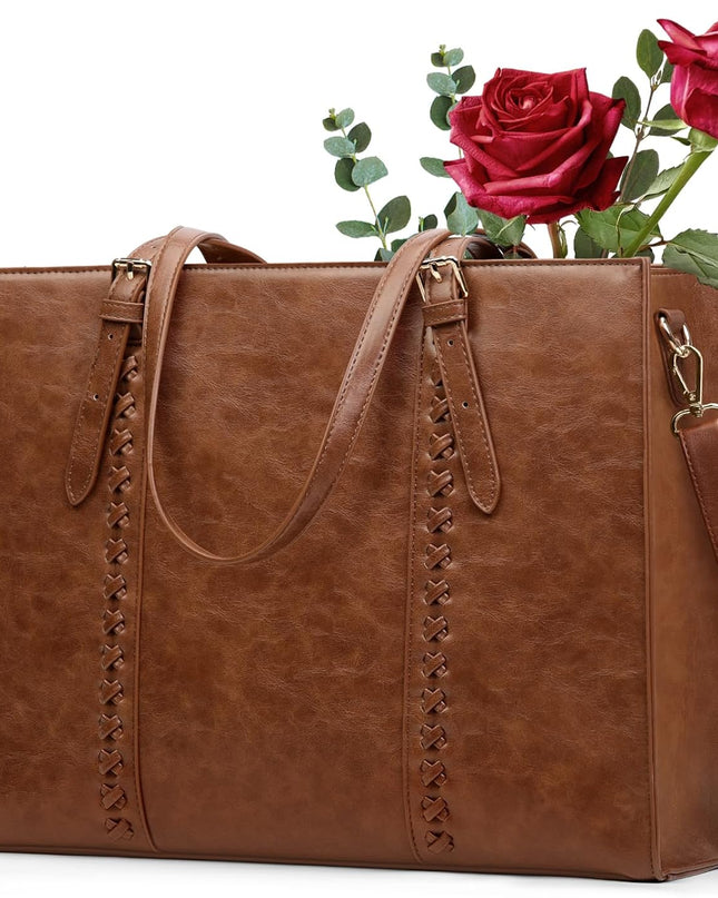 RAINSMORE Laptop Bag for Women 15.6 inch Leather Waterproof Computer Work Bags Large Laptop Tote Bag Professional Business Office Briefcase Women Lightweight Shoulder Handbags, Brown
