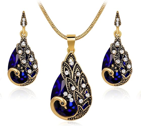 Ezing Women Gold Plated Green Peacock Jewelry Set Pendant Necklace Earrings