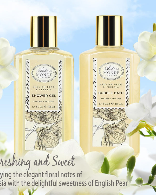 Bath & Shower Spa Gift Basket Set, with English Pear & Freesia Fragrance Bath Gift Basket for Women & Men Includes Body Lotion, Shower Gel, Bath Salts, Bubble Bath, Body Scrub and More, 9 Pcs