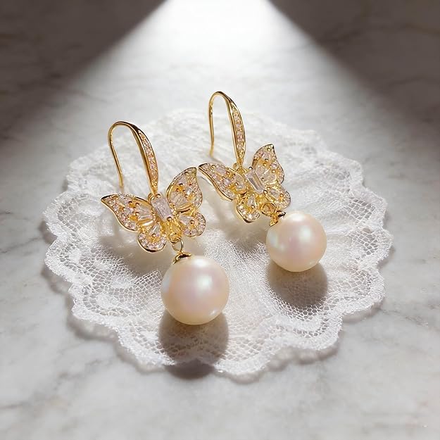 Austrian Crystal Butterfly Pearl Drop Dangle Earrings for Women