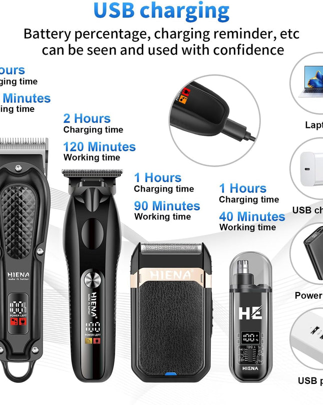 HIENA PRO Hair Clippers for Men Professional, Cordless Barber Clipper & T-Blade Beard/Hair Trimmer Set, Electric Razor Foil Shaver Nose Trimmer Barber Kit, Men's Hair Cutting Kit