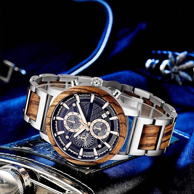 WASTIME Wooden Watch for Men Women, Stylish Chronograph Military Casual Calendar Wood Watches